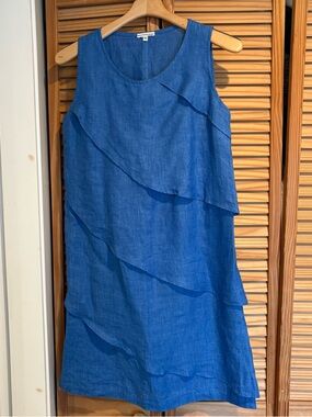 Mario Romano Italian Sleeveless Blue Layered Linen Shift Dress Flowy Spring Boho